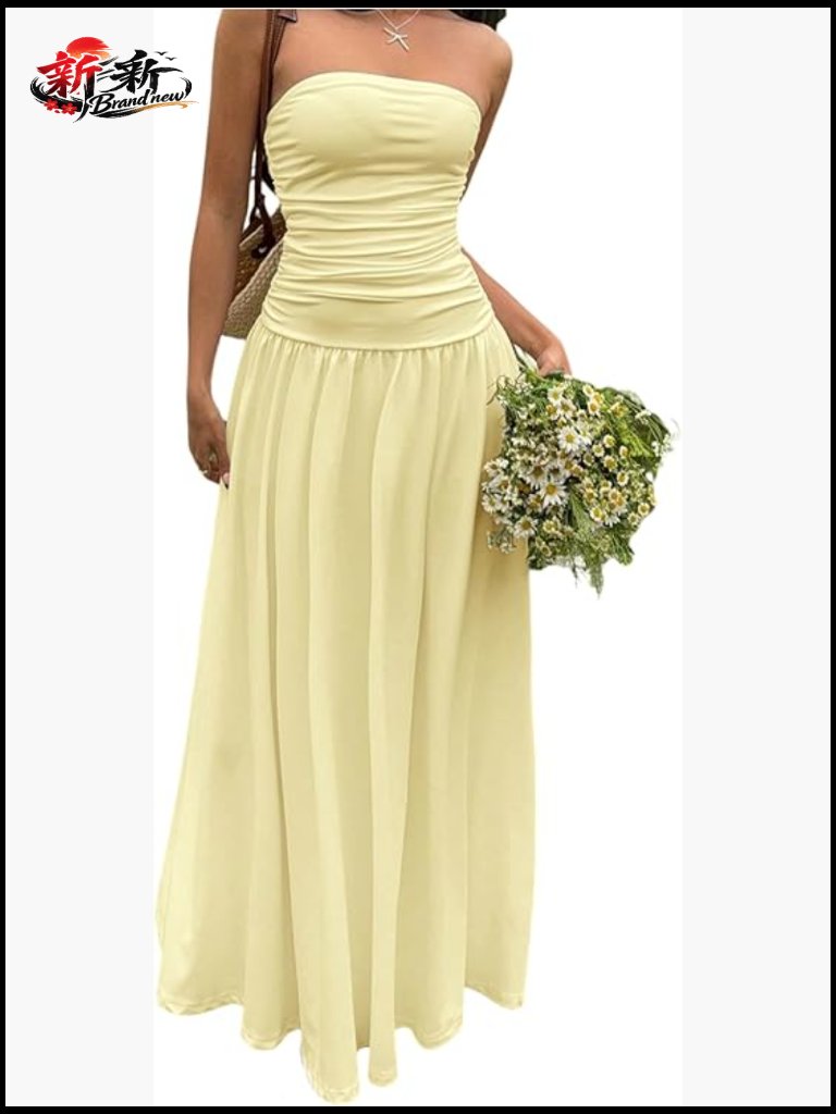 Strapless Backless A-Line Maxi Dress Ruched Drop Waist Formal Guest